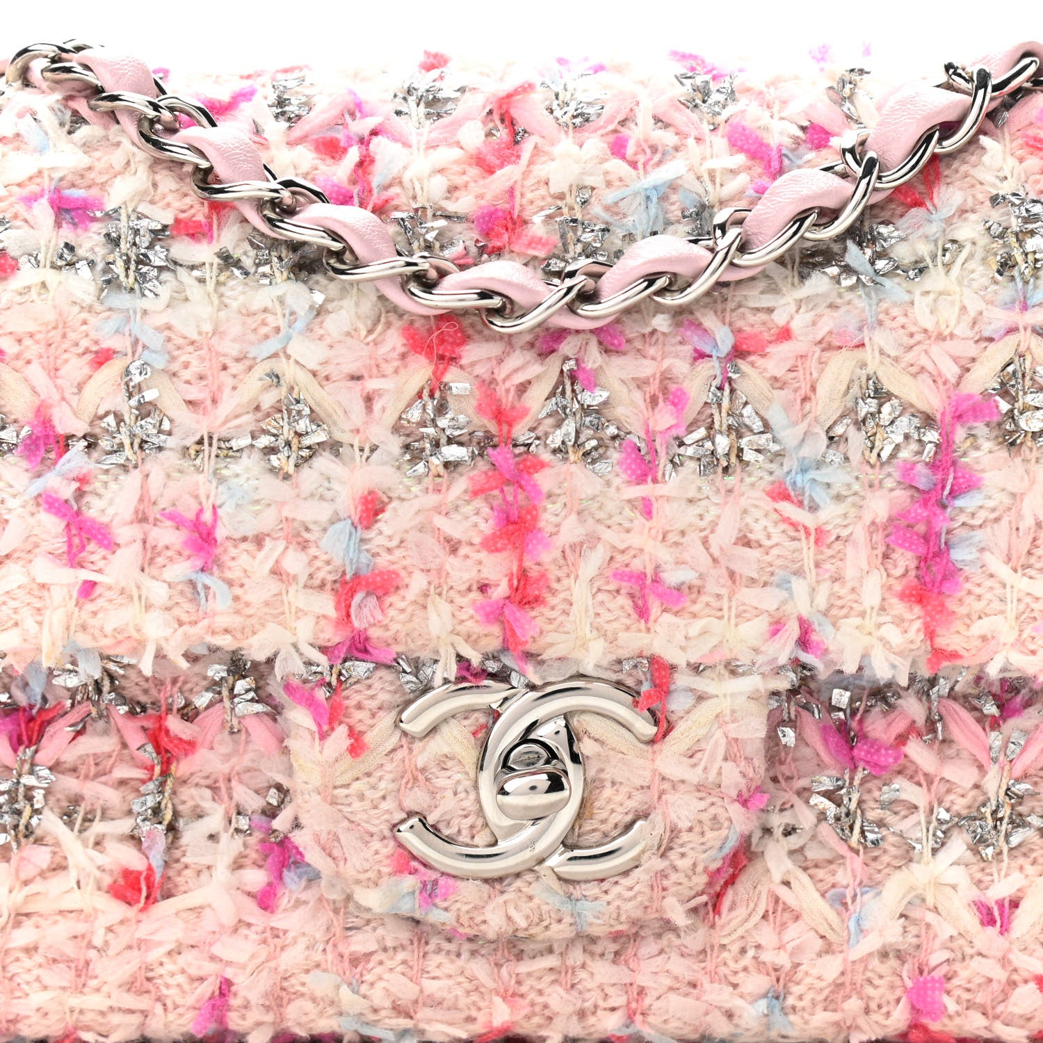 Chanel Tweed Quilted Mini Rectangular Flap Light Pink Silver Blue 8 of 10