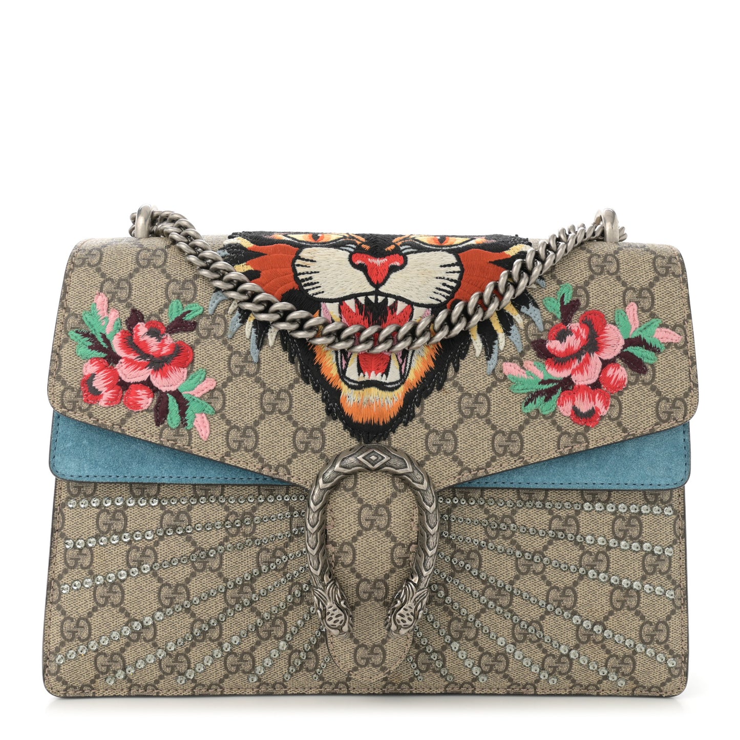 GG Supreme Monogram Angry Cat Embroidered Medium Dionysus Shoulder Bag Beige Ultramarine