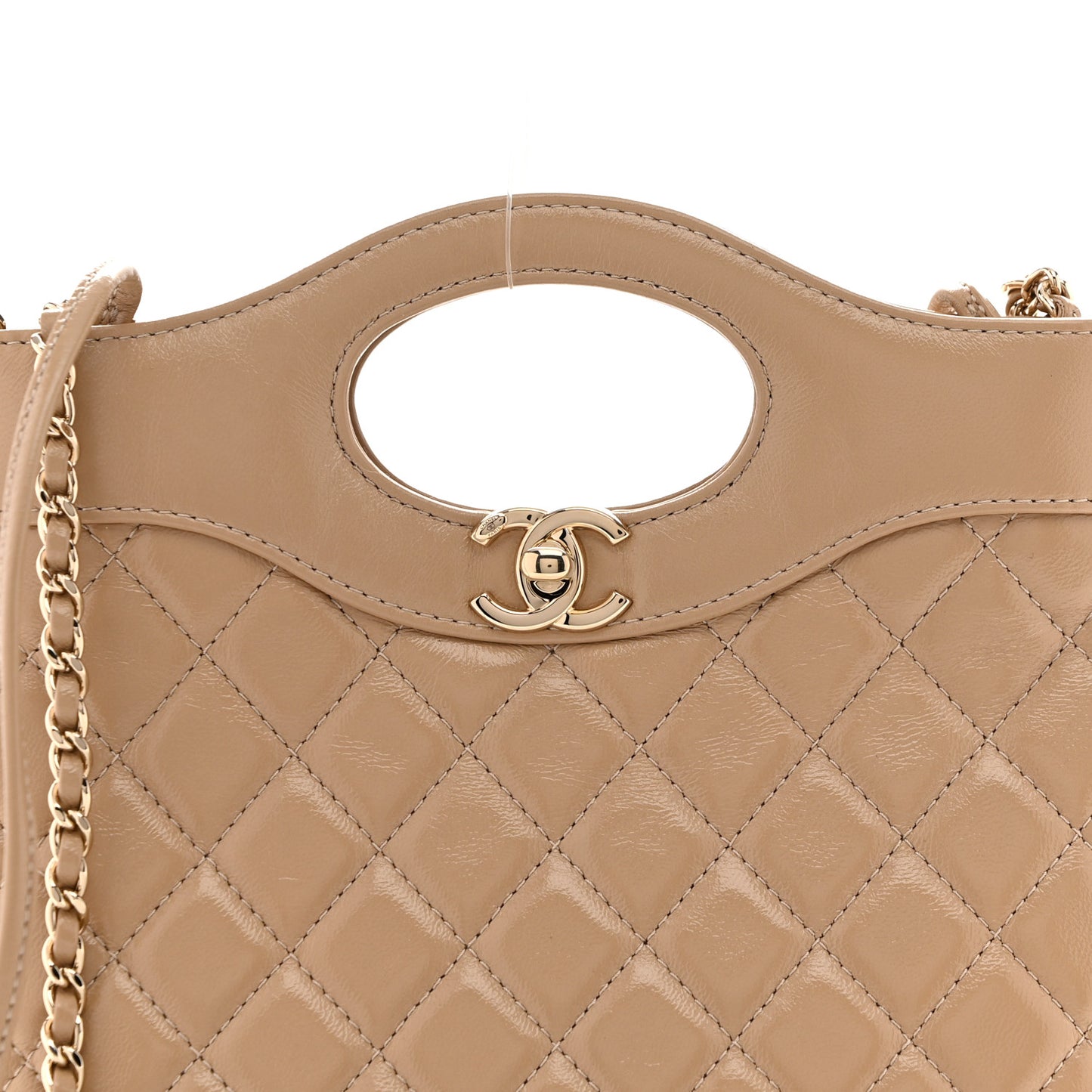 Shiny Crumpled Calfskin Quilted Mini 31 Shopping Bag Dark Beige