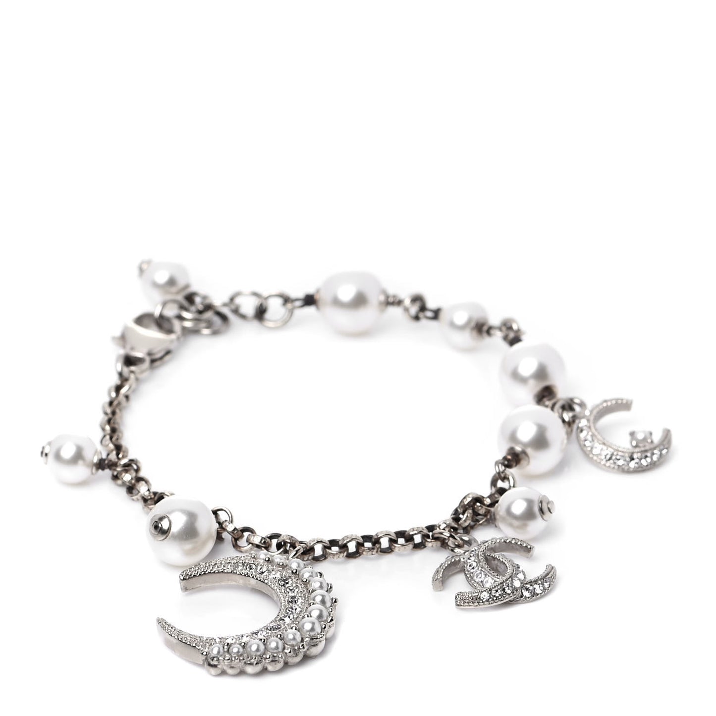 Pearl Crystal CC Moon Bracelet Silver