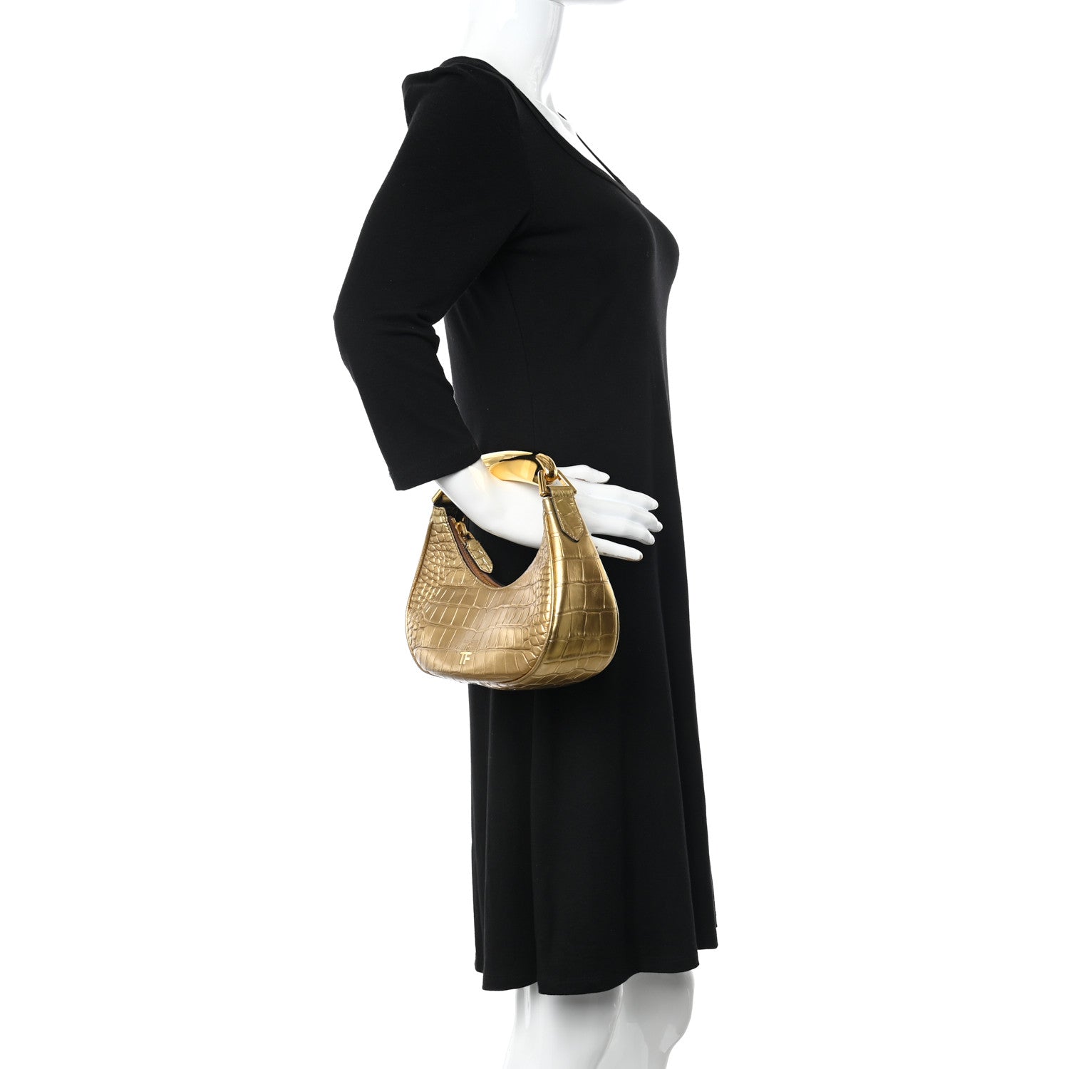Tom Ford Metallic Calfskin Crocodile Embossed Mini Bianca Hobo Gold 3 of 15