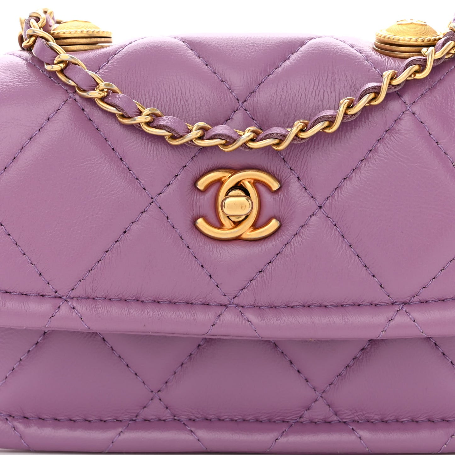 Shiny Lambskin Quilted Extra Mini Flap Purple