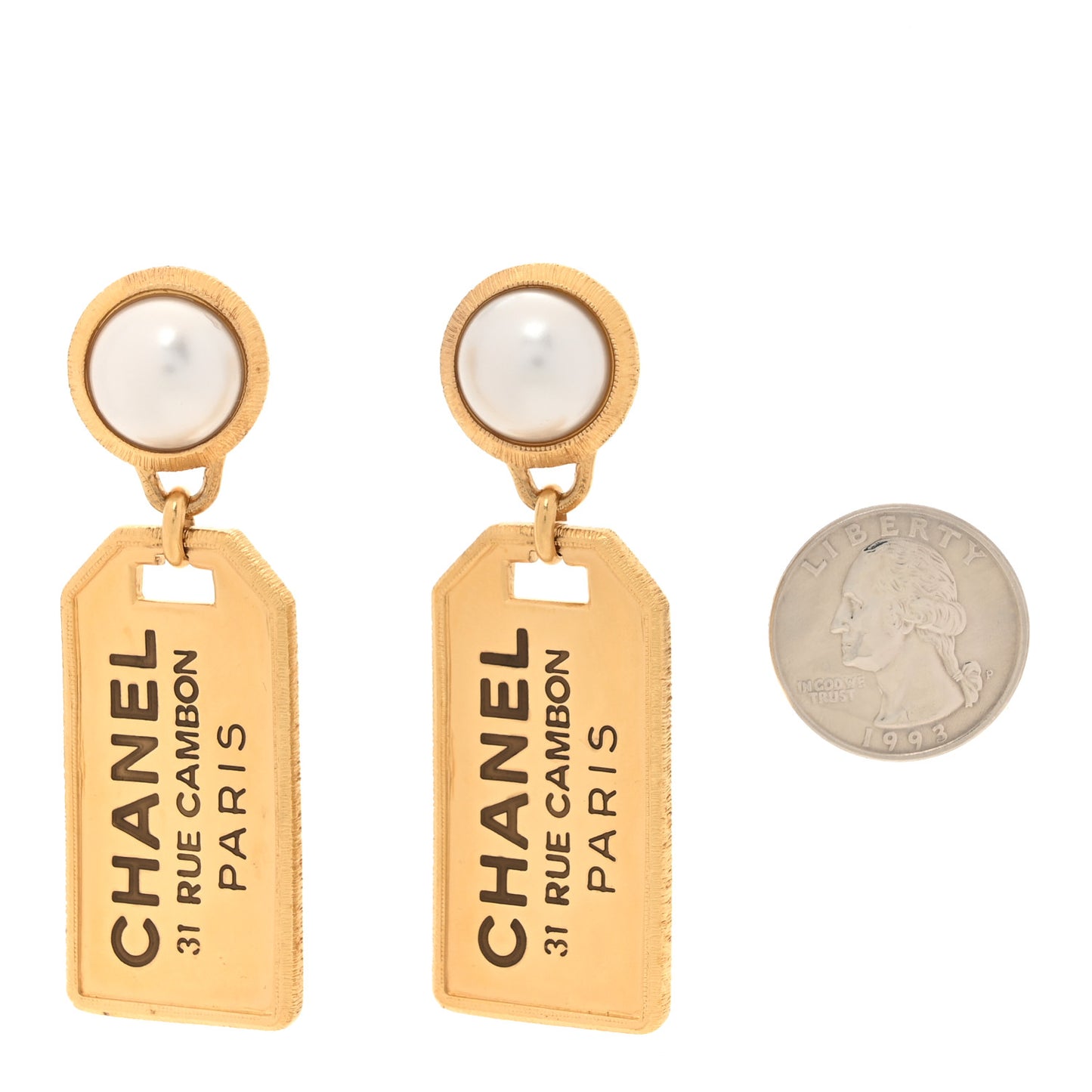 Pearl CC Tags Drop Earrings Gold