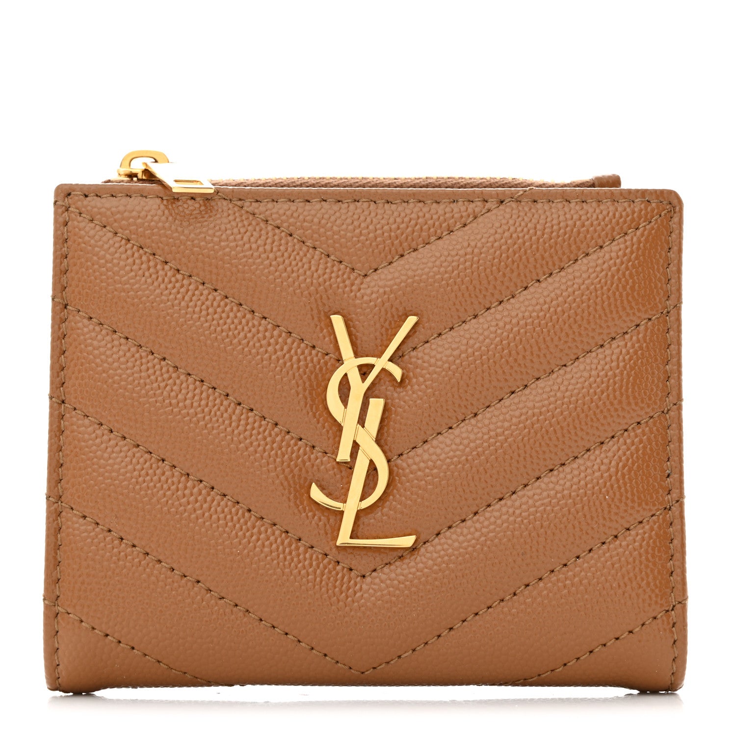 Saint Laurent Grain De Poudre Matelasse Chevron Monogram Zipped Card Case Natural Dark 1 of 7