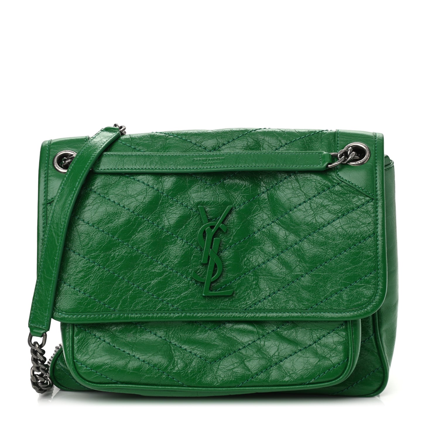 Crinkled Calfskin Matelasse Monogram Medium Niki Chain Satchel New Vert Praire