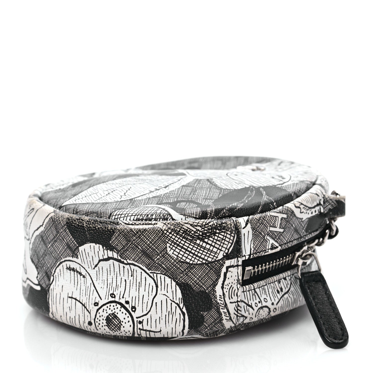 Chanel Calfskin Floral Print Round Clutch With Chain Black White 7 of 7