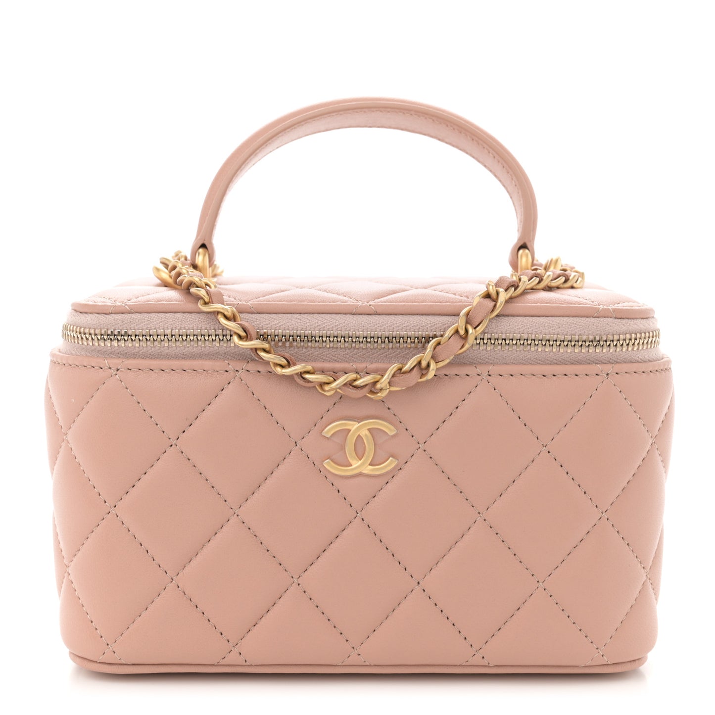 Lambskin Quilted Small Top Handle Vanity Case With Chain Beige