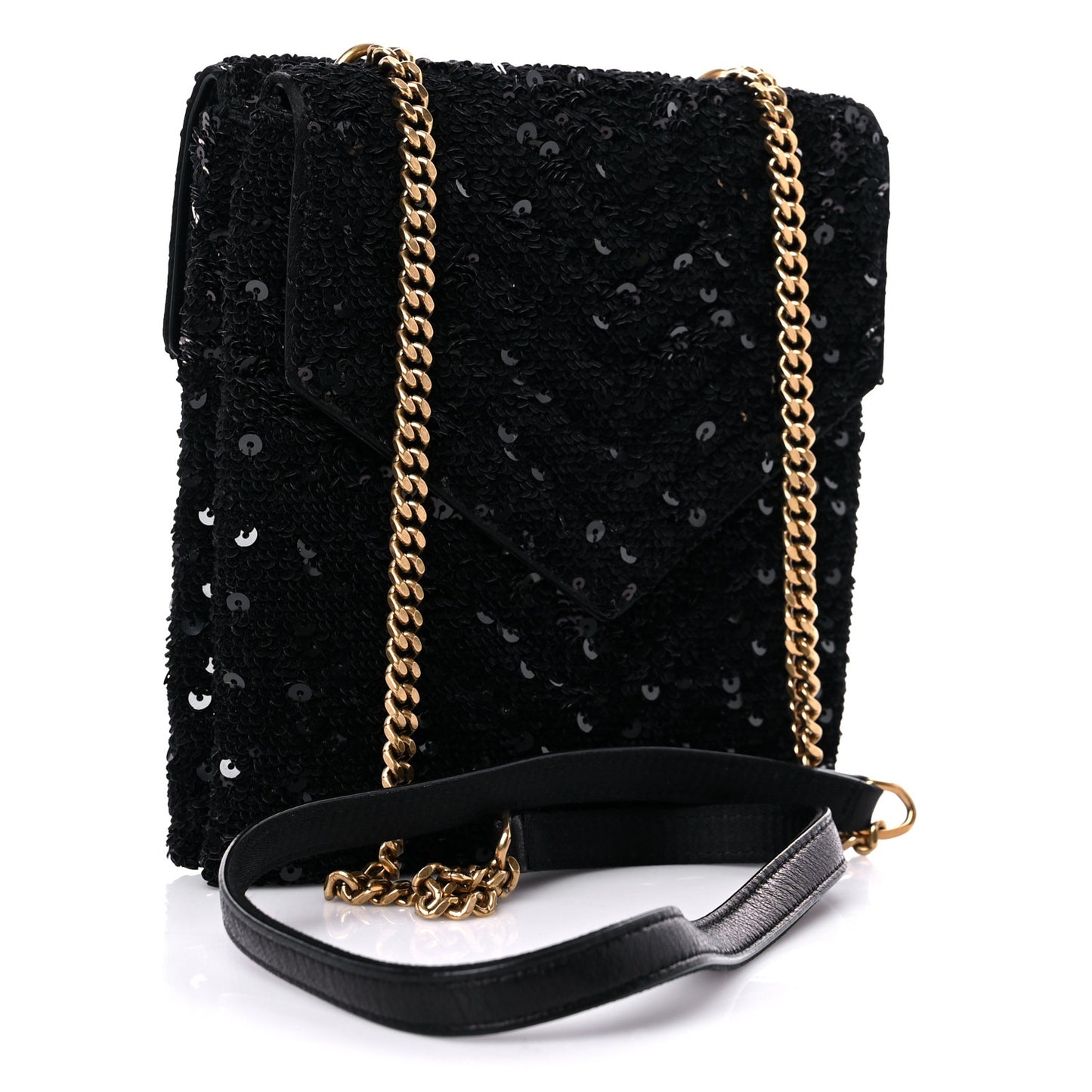 Sequin Monogram Double Flap Bag Black