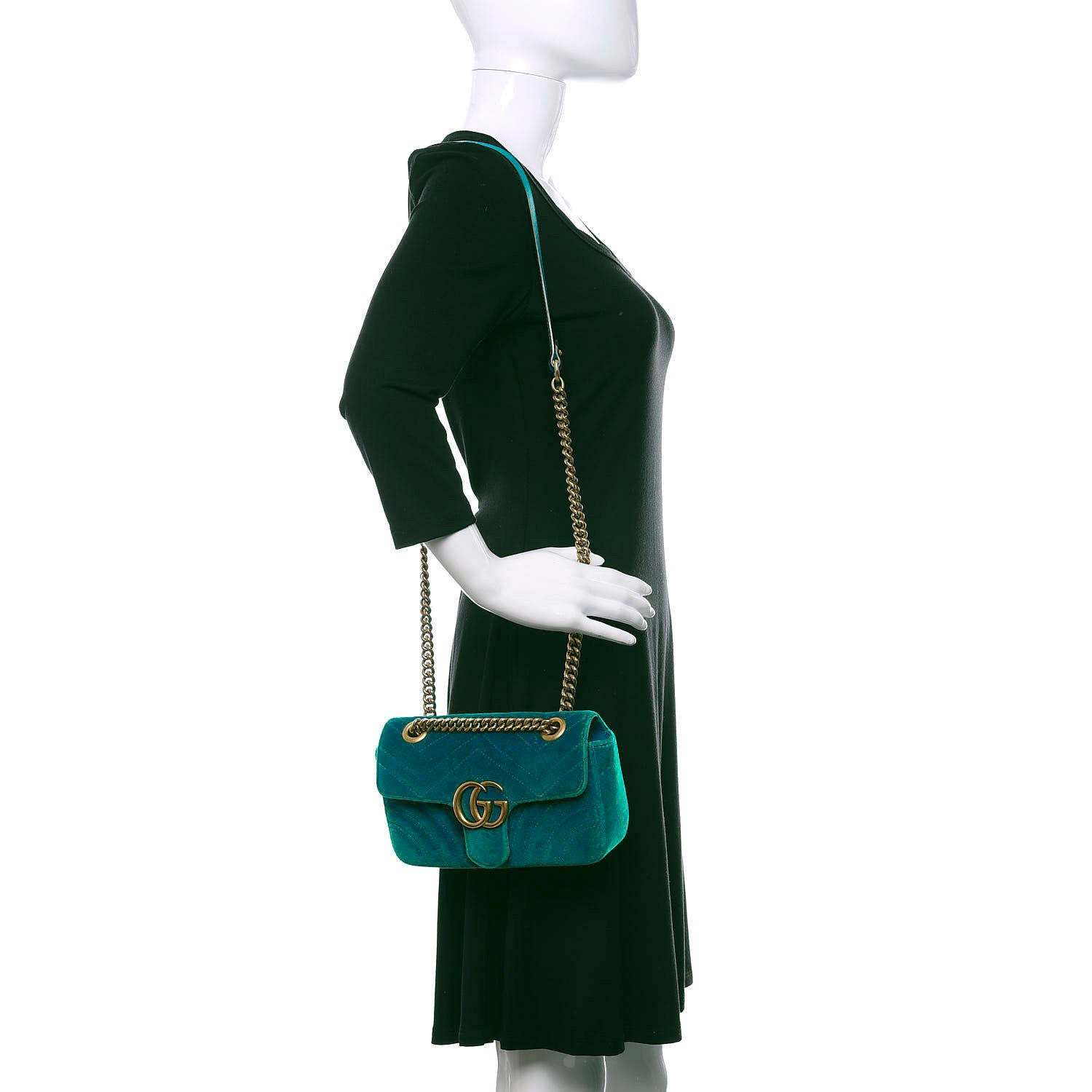 Gucci Velvet Matelasse Mini GG Marmont Shoulder Bag Pavone Cyan 2 of 12