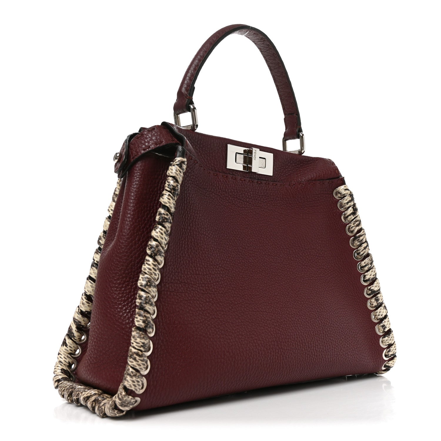 Fendi Cuoio Romano Elaphe Selleria Lace Up Bi-Color Medium Peekaboo Iconic Satchel Bordeaux Grigio Polvere Natural 3 of 9