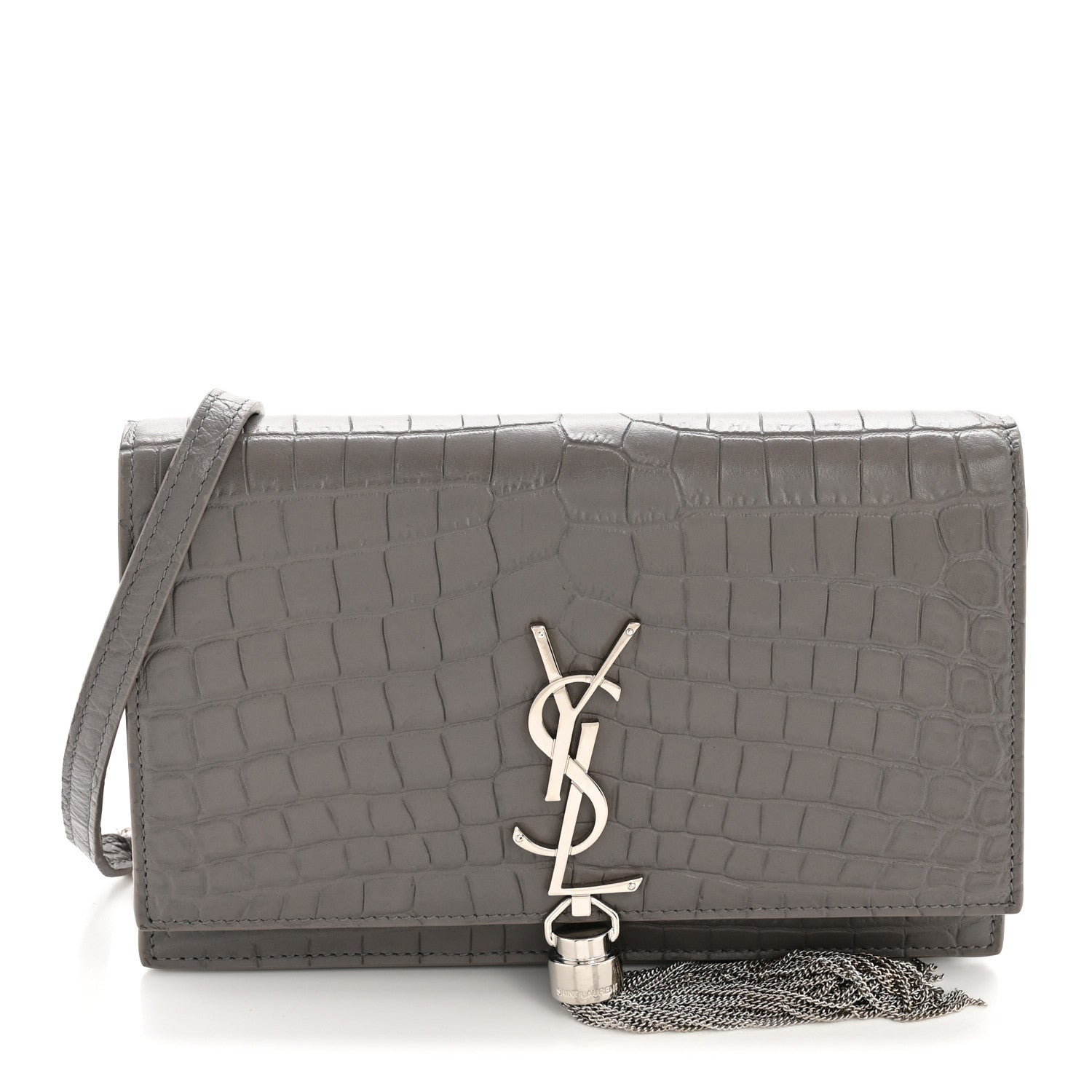 Saint Laurent Calfskin Crocodile Embossed Kate Monogram Tassel Chain Wallet Fog 1 of 12