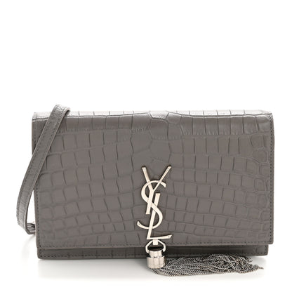 Saint Laurent Calfskin Crocodile Embossed Kate Monogram Tassel Chain Wallet Fog 1 of 12