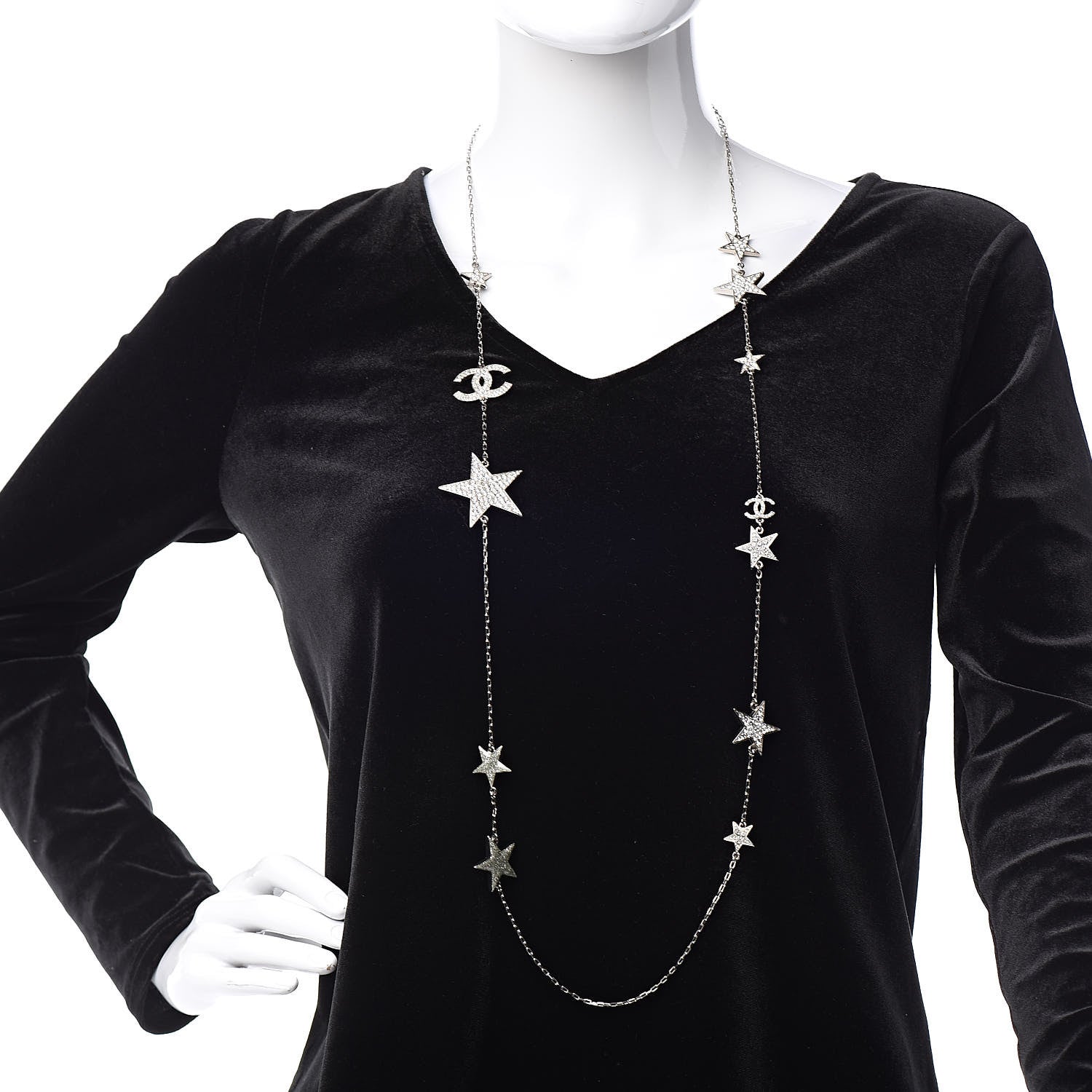 Chanel Crystal Star CC Long Necklace Silver 2 of 5