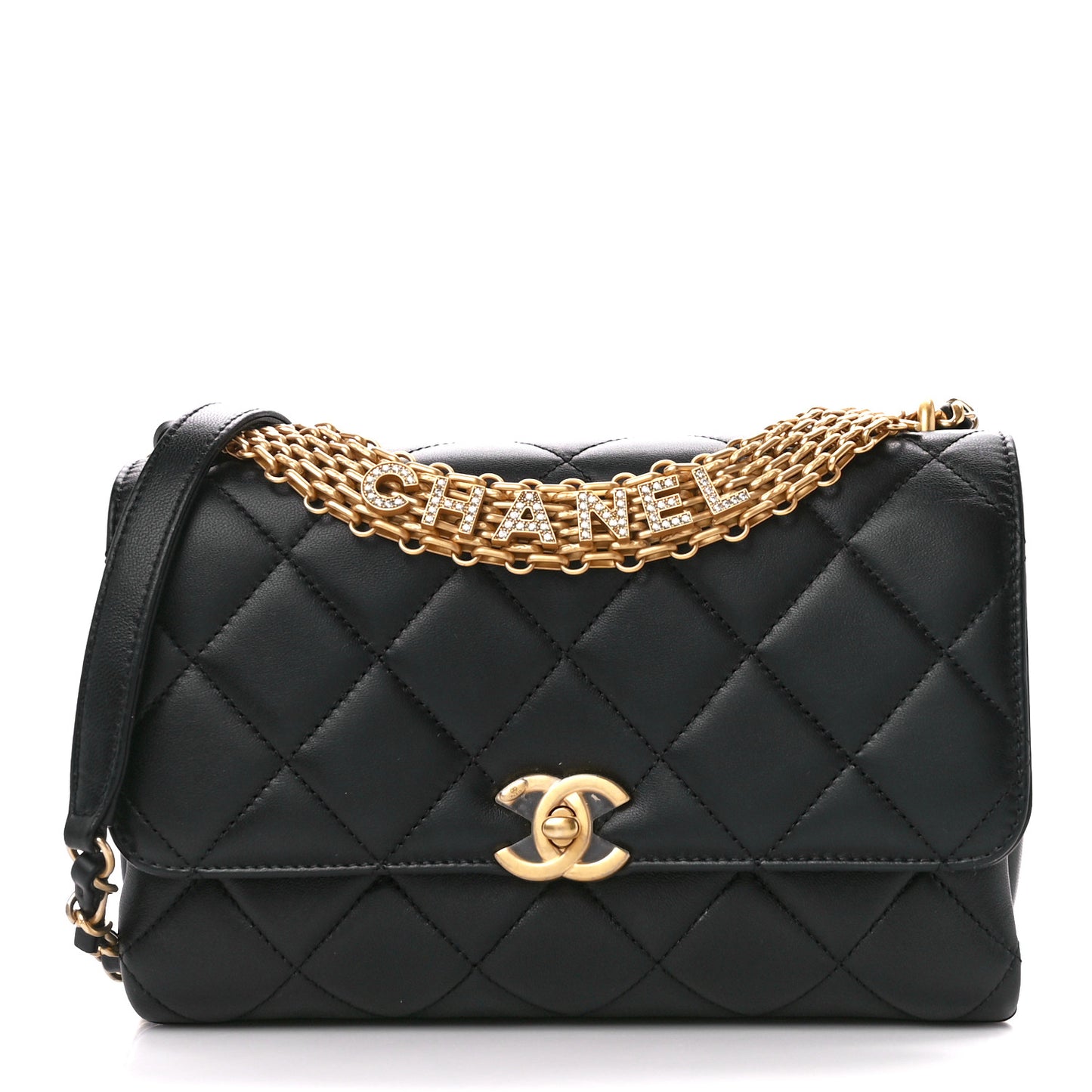 Lambskin Quilted CC Crystal Logo Chain Flap Black