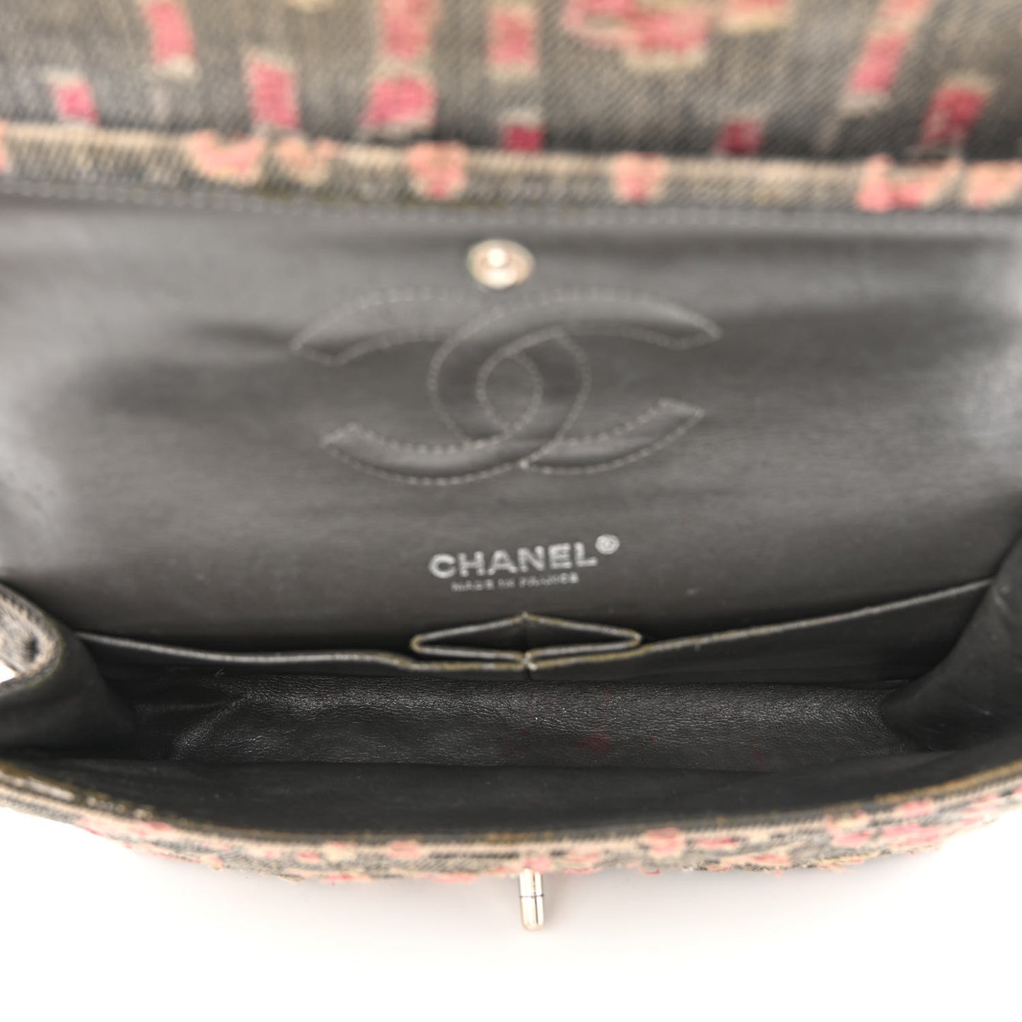 Distressed Denim Quilted Medium Double Flap Grey Pink