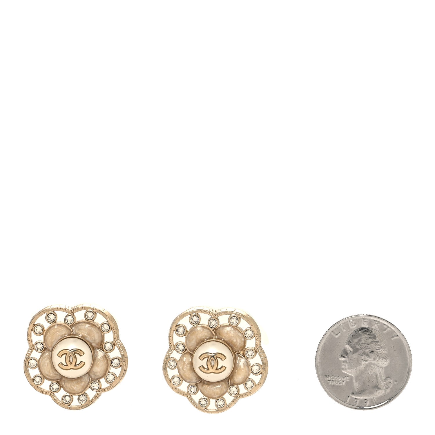Chanel Enamel Crystal Pearl CC Camellia Earrings Pink Gold 2 of 5