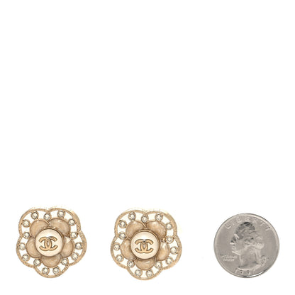 Chanel Enamel Crystal Pearl CC Camellia Earrings Pink Gold 2 of 5