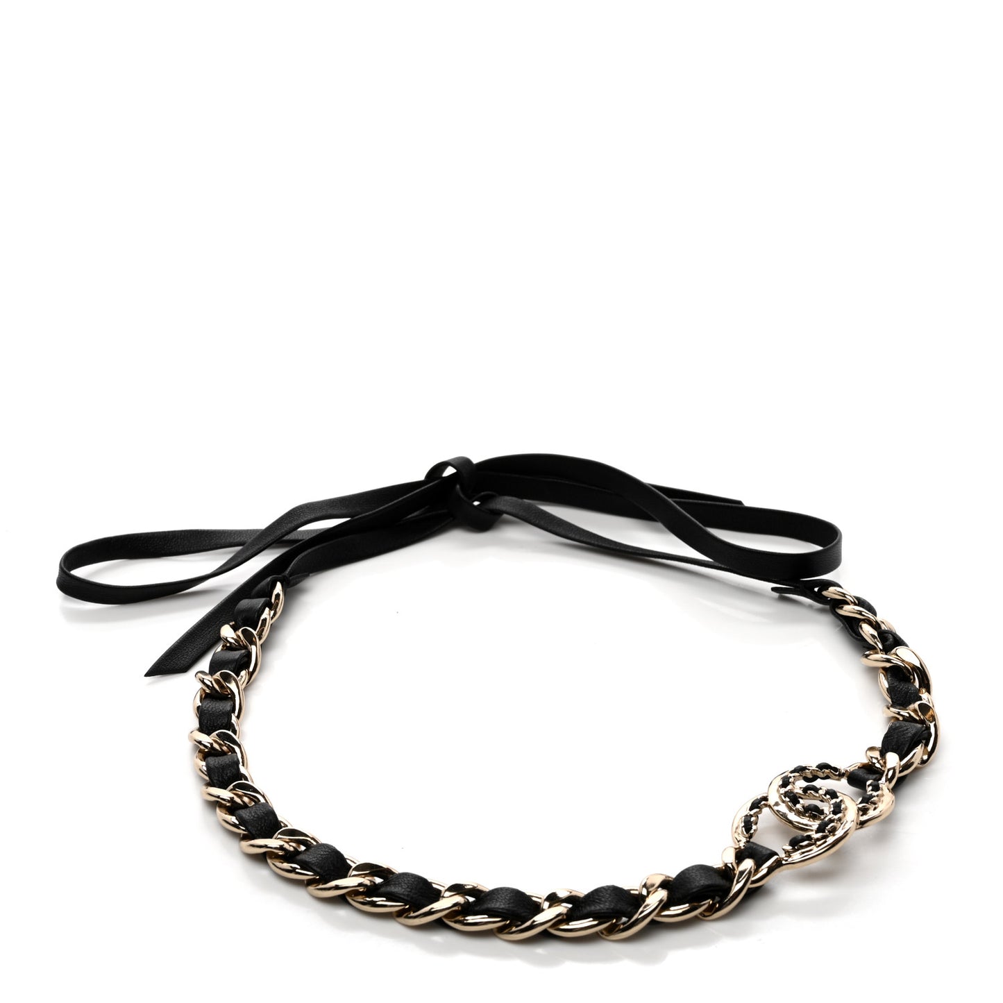 Metal Lambskin CC Chain Tie Headband Gold Black