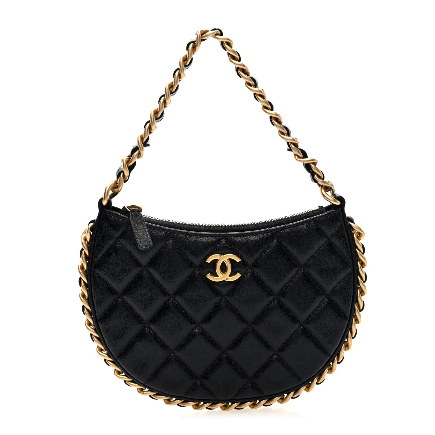 Chanel Shiny Crumbled Lambskin Quilted Round Small CC Hobo Black 1 of 10