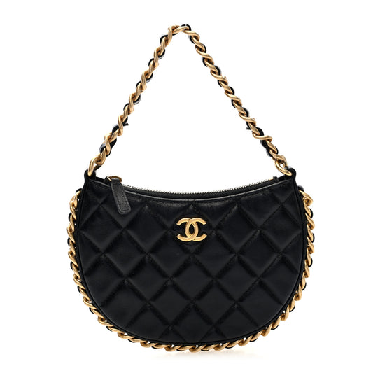 Shiny Crumbled Lambskin Quilted Round Small CC Hobo Black