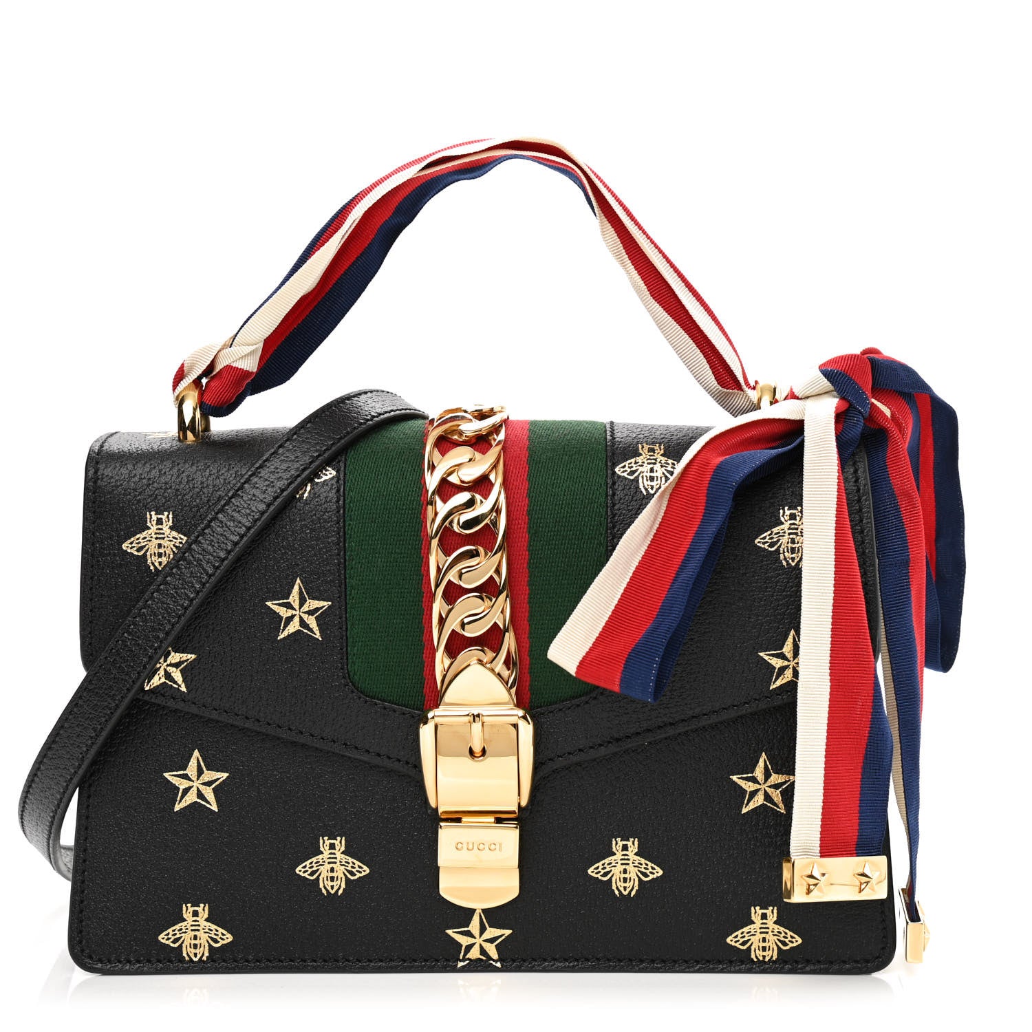 Gucci Textured Calfskin Bee Star Print Small Sylvie Shoulder Bag Black 1 of 10