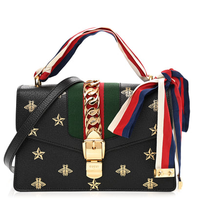 Gucci Textured Calfskin Bee Star Print Small Sylvie Shoulder Bag Black 1 of 10