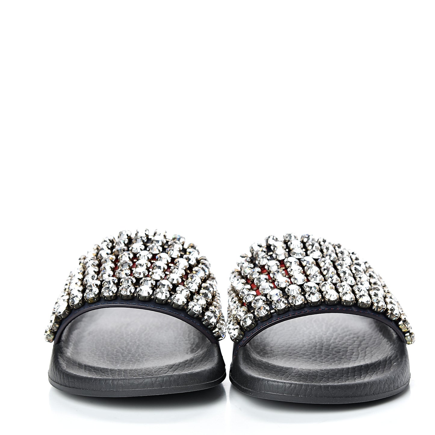 Calfskin Crystal Embellished Web Slide Sandals 37 Blue Red