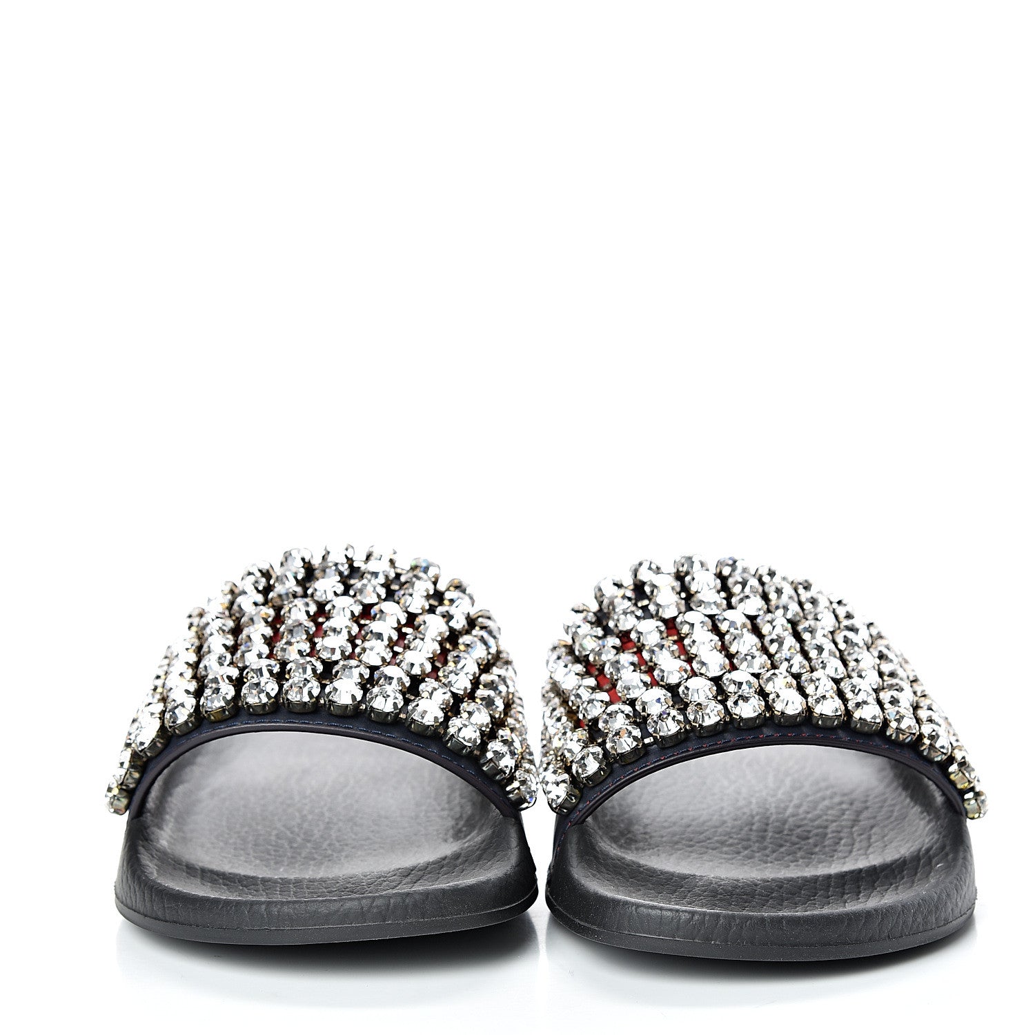 Gucci Calfskin Crystal Embellished Web Slide Sandals 37 Blue Red 2 of 8