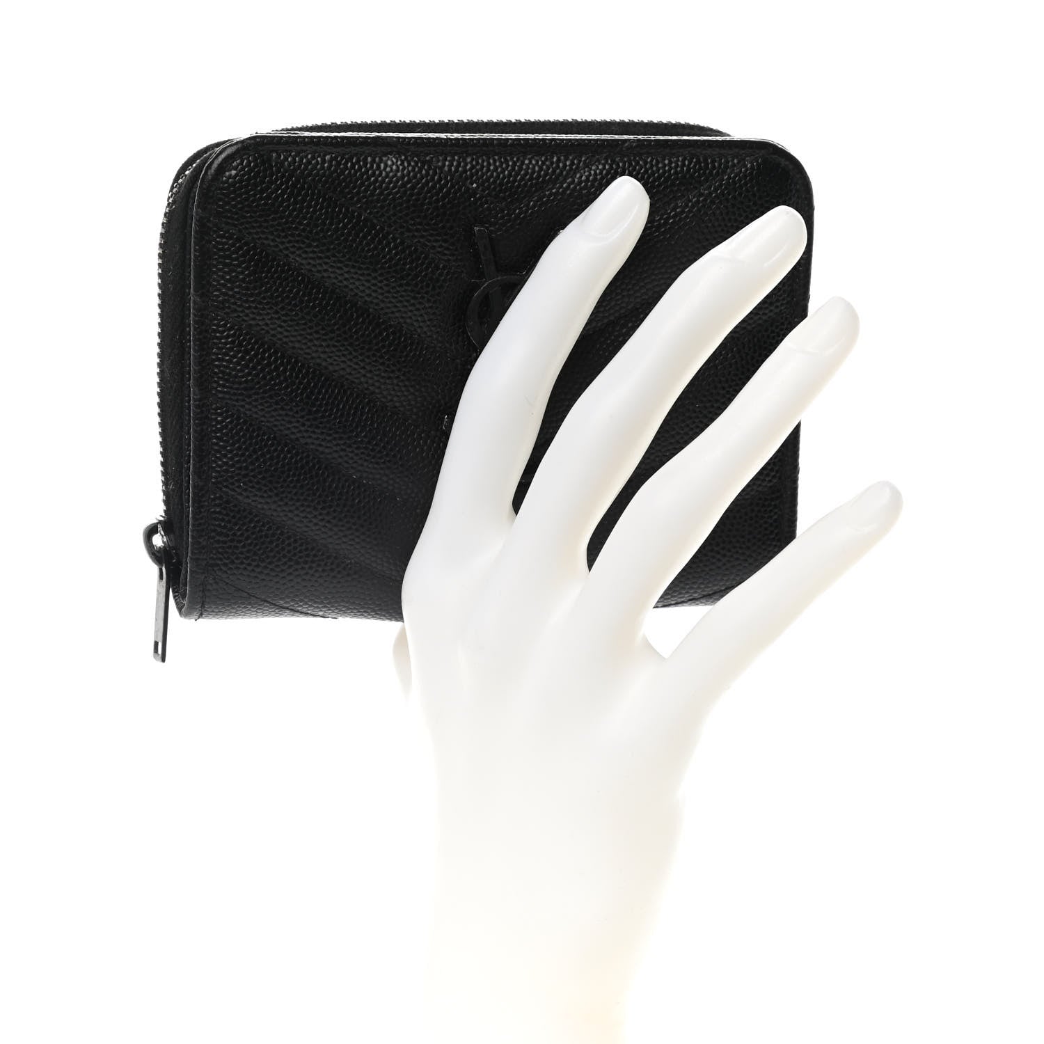 Saint Laurent Grain De Poudre Matelasse Chevron Monogram Monochrome Compact Zip Around Wallet Black 2 of 11