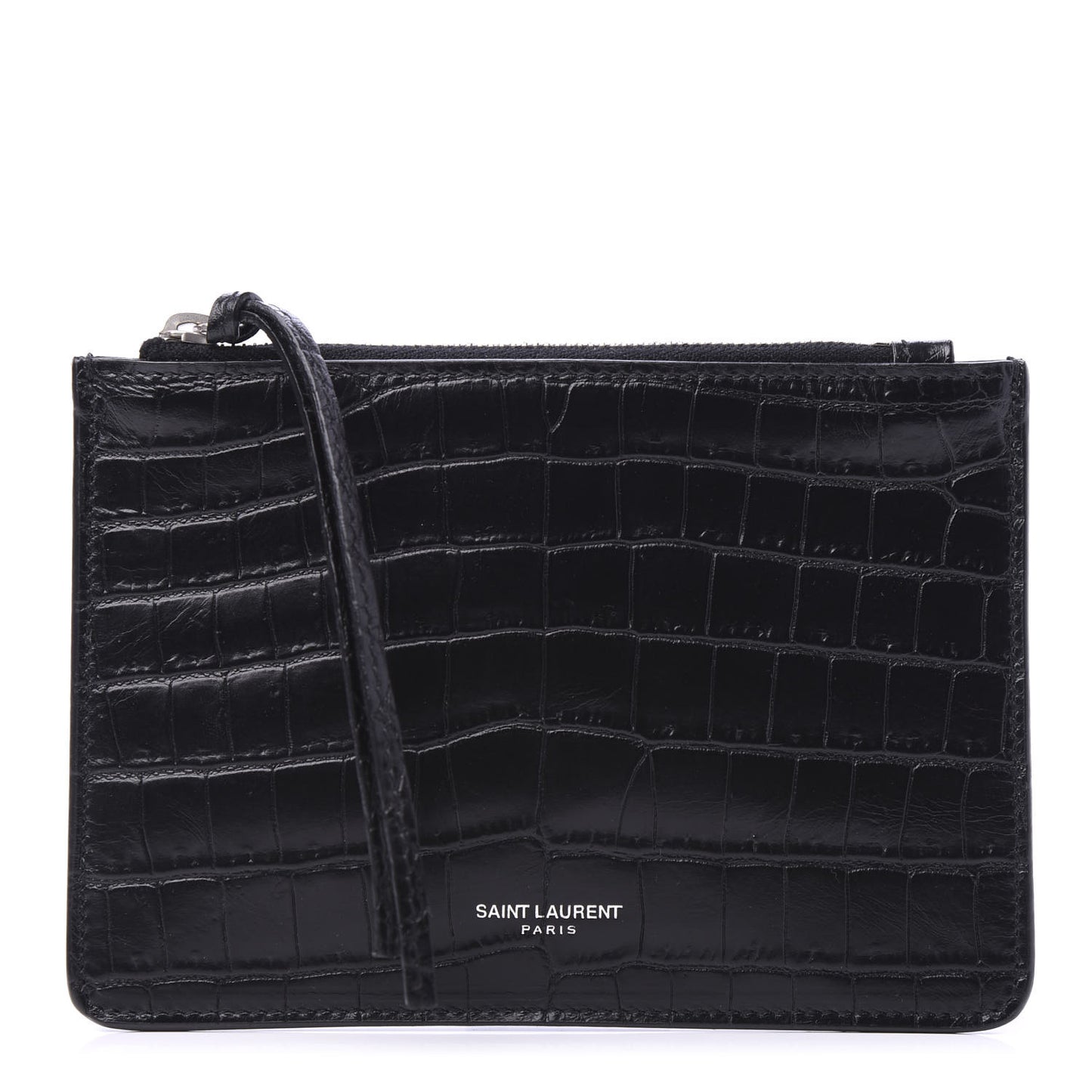 Calfskin Crocodile Embossed East Side Zip Pouch Black
