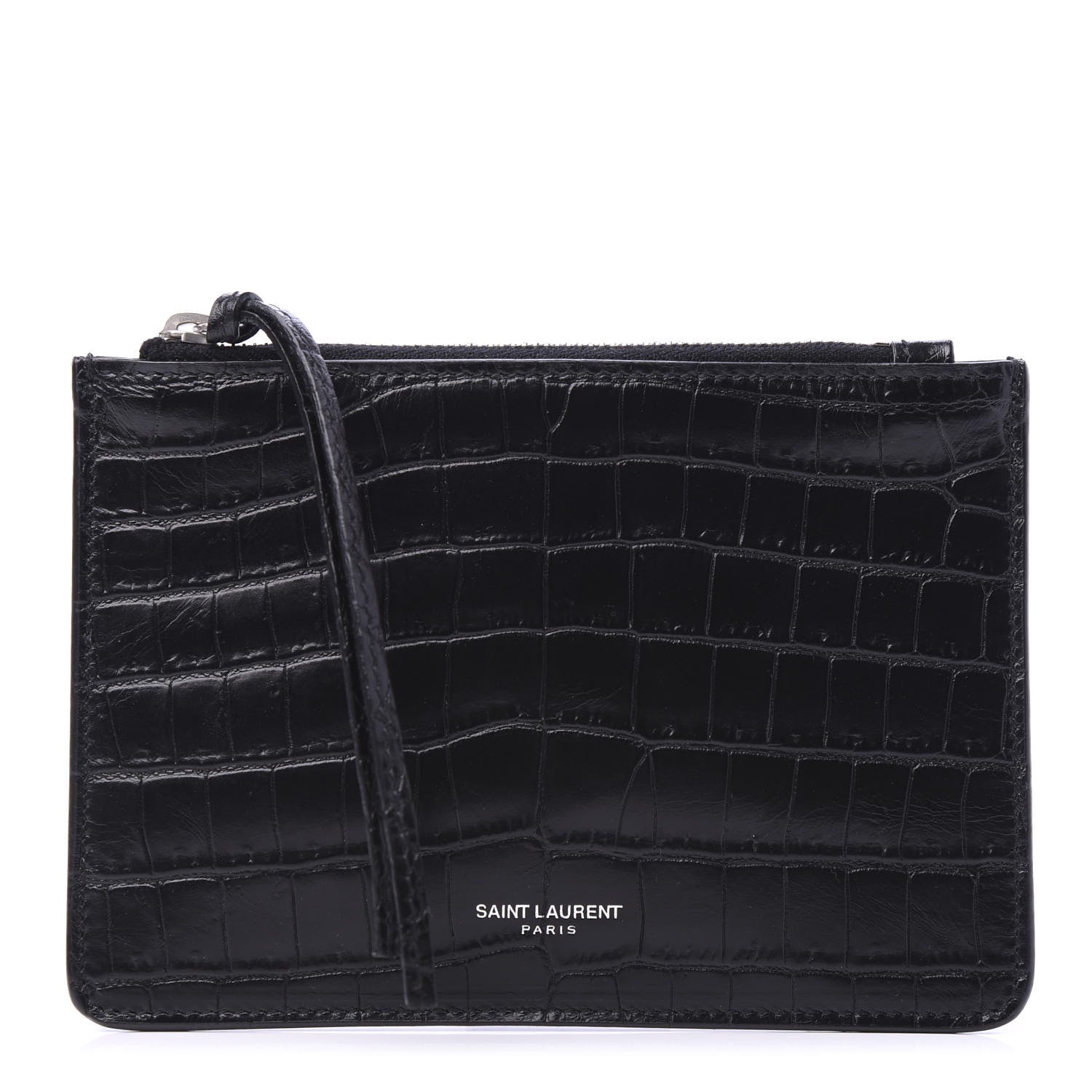 Saint Laurent Calfskin Crocodile Embossed East Side Zip Pouch Black 1 of 9