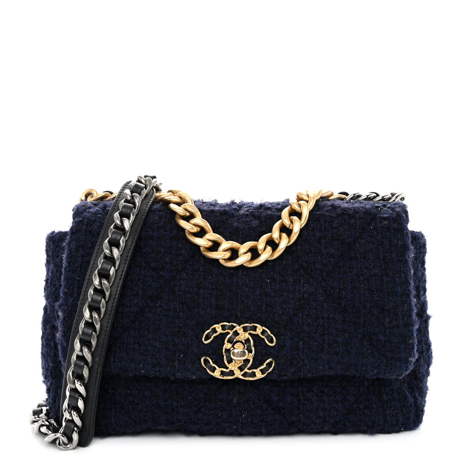 Chanel Tweed Quilted Medium Chanel 19 Flap Navy Blue Black 1 of 9