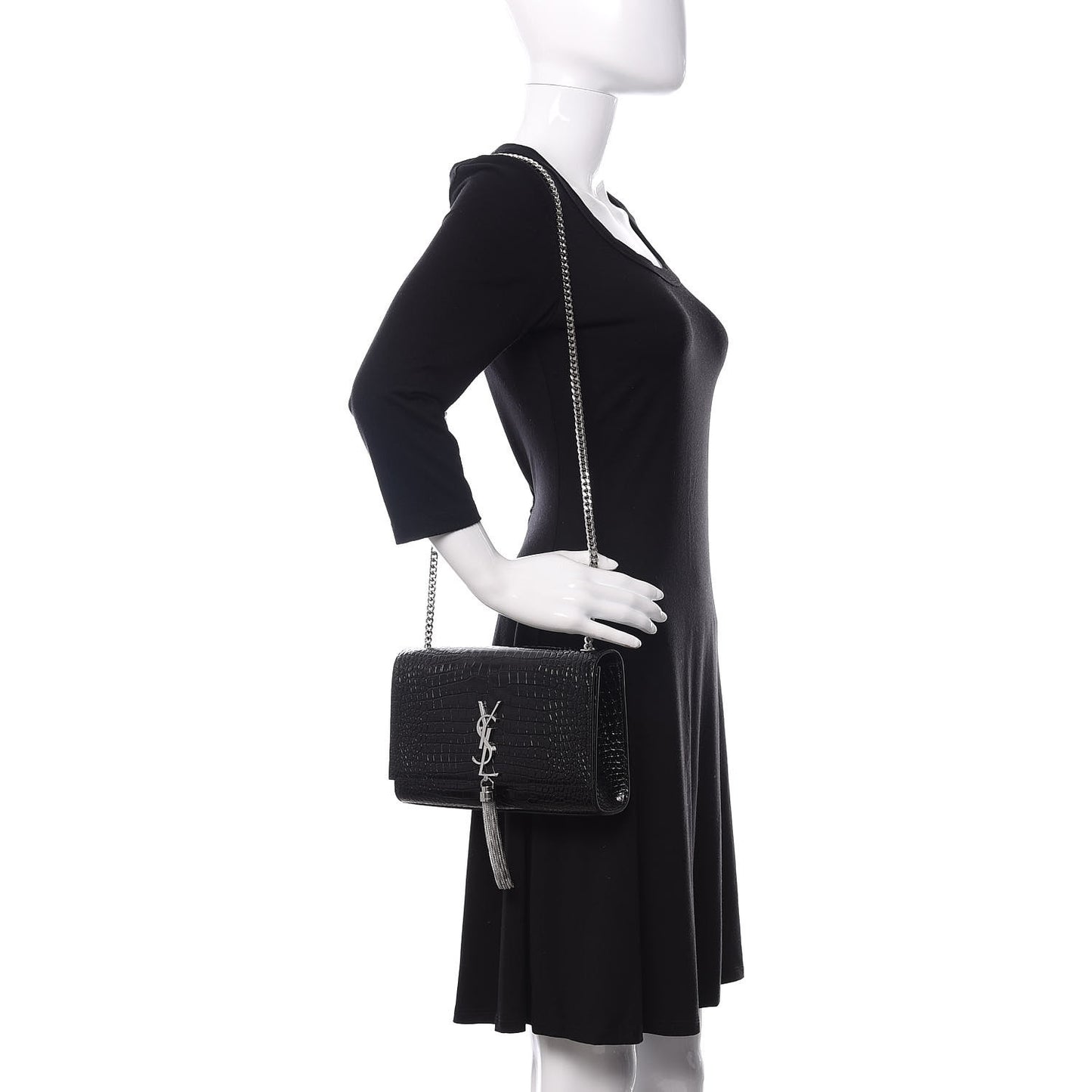 Calfskin Crocodile Embossed Medium Classic Monogram Kate Tassel Satchel Black