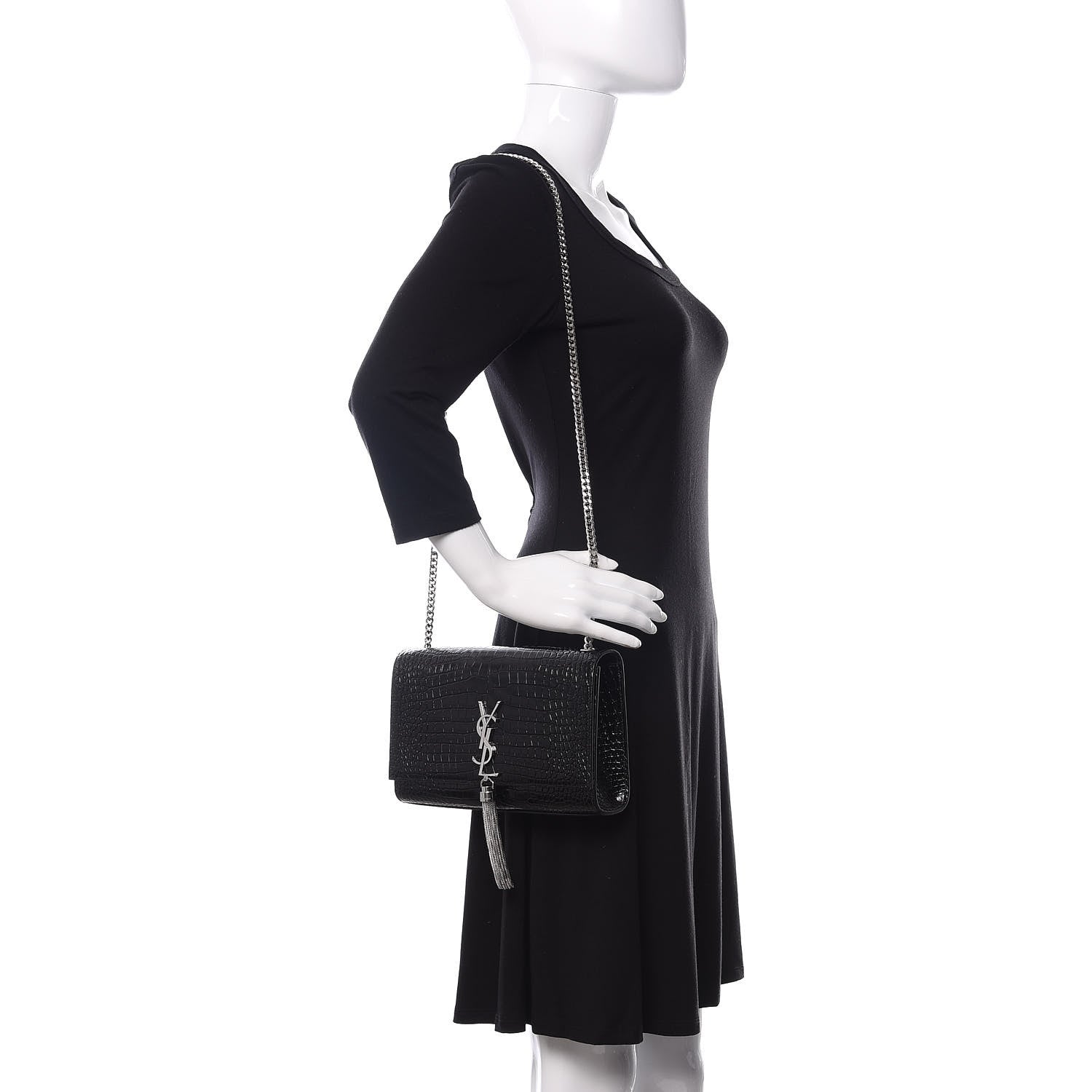 Saint Laurent Calfskin Crocodile Embossed Medium Classic Monogram Kate Tassel Satchel Black 2 of 9