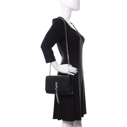 Saint Laurent Calfskin Crocodile Embossed Medium Classic Monogram Kate Tassel Satchel Black 2 of 9