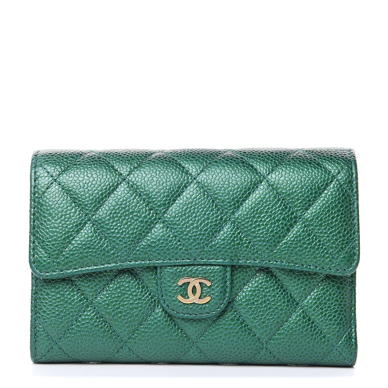 Chanel Metallic Caviar Quilted Medium Flap Wallet Green 1 of 11