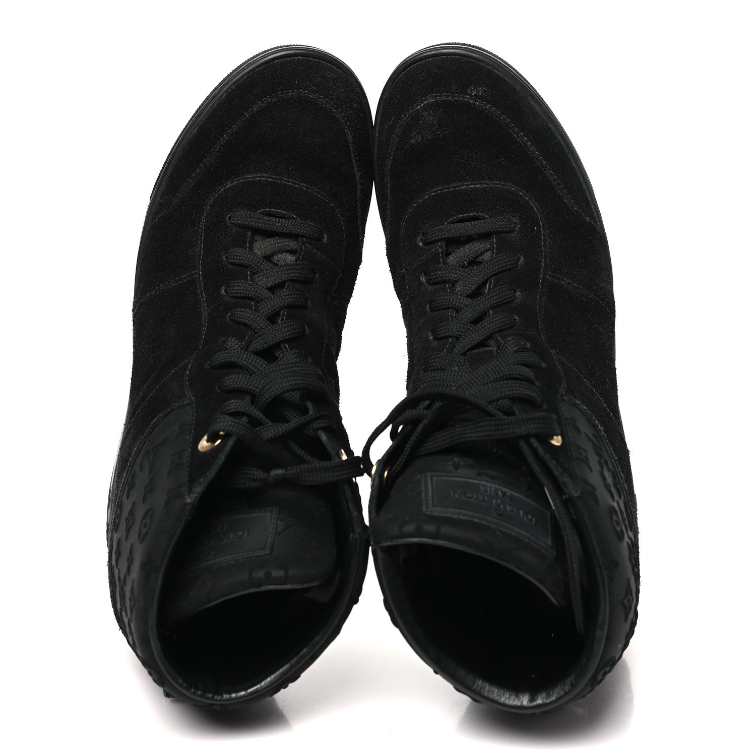 Louis Vuitton Calfskin Suede Monogram Cliff Top Wedge Sneakers 38.5 Black 2 of 8