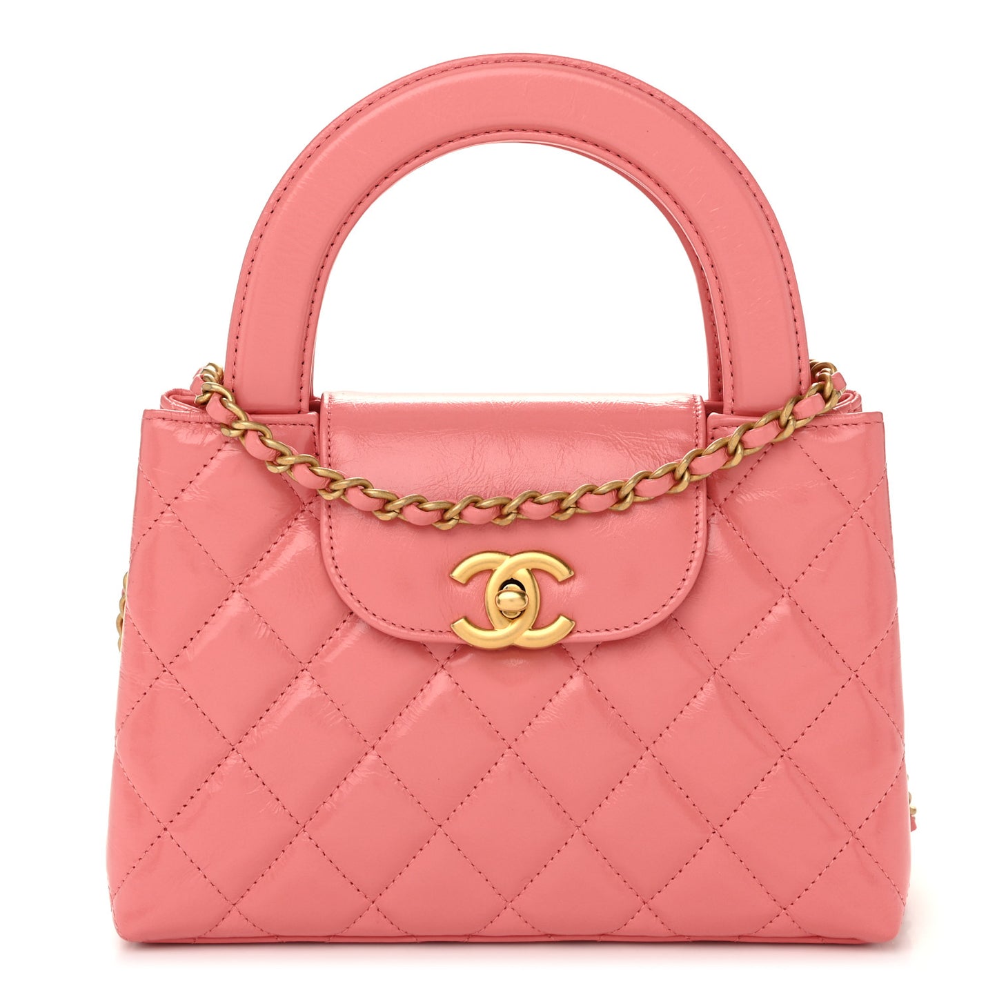 Shiny Aged Calfskin Quilted Nano Kelly Shopper Coral Pink