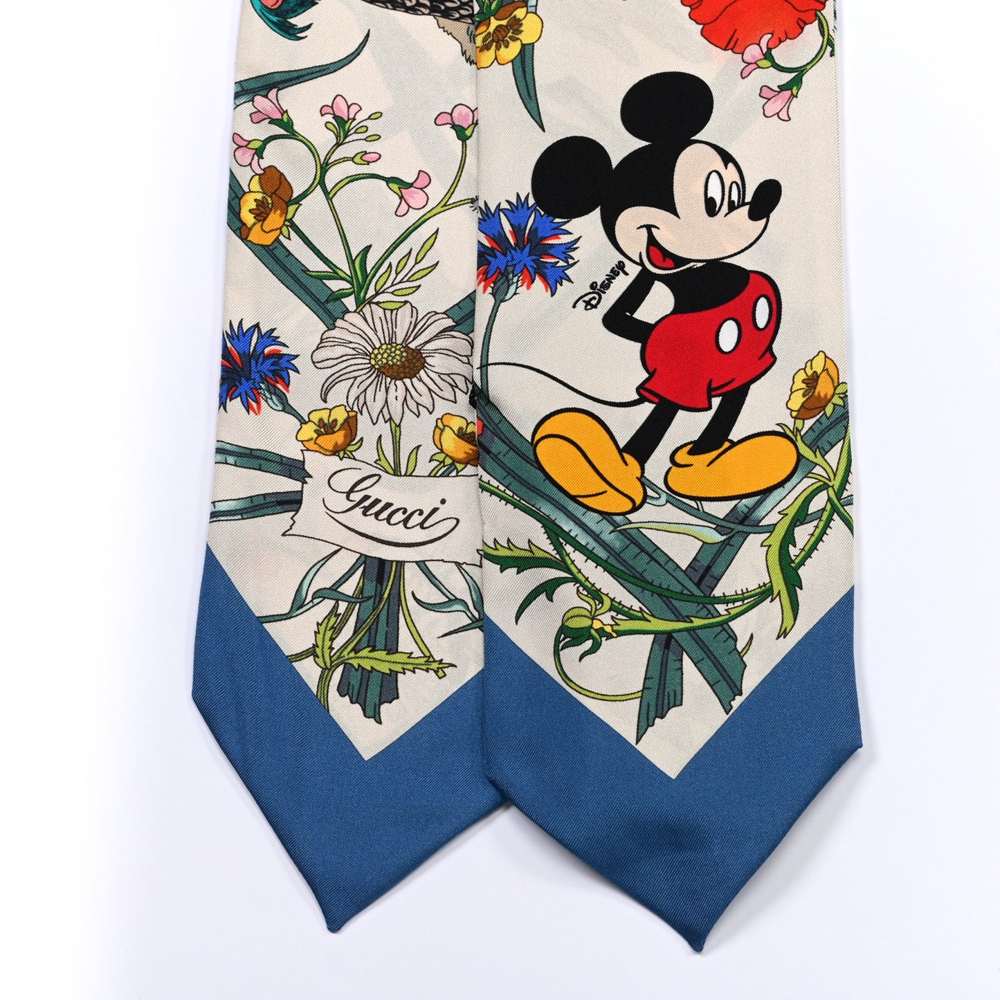 X DISNEY Silk Twill Mickey Lac Neck Bow Scarf Ivory Blue