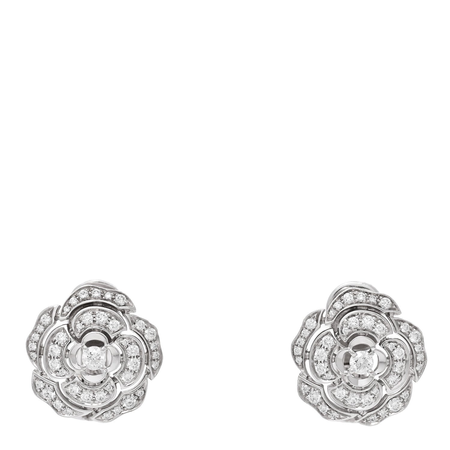 Chanel 18K White Gold Diamond Bouton de Camelia Earrings 1 of 4
