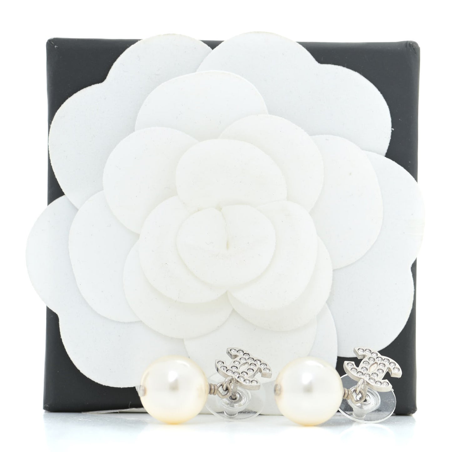 Crystal Pearl CC Drop Earrings Silver