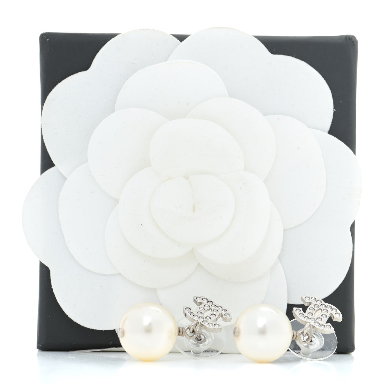 Chanel Crystal Pearl CC Drop Earrings Silver 5 of 5