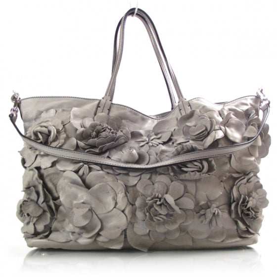 Valentino Garavani Leather Floral Tote Gray 1 of 10