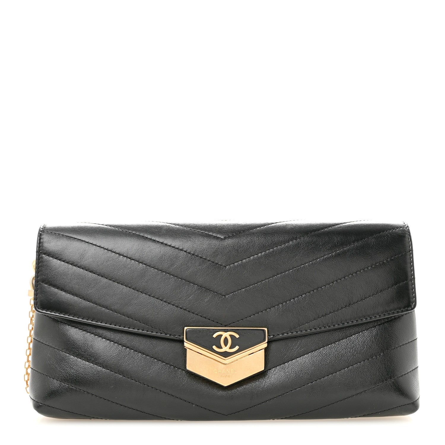 Chanel Calfskin Chevron Quilted Medal Flap Clutch Black 1 of 7