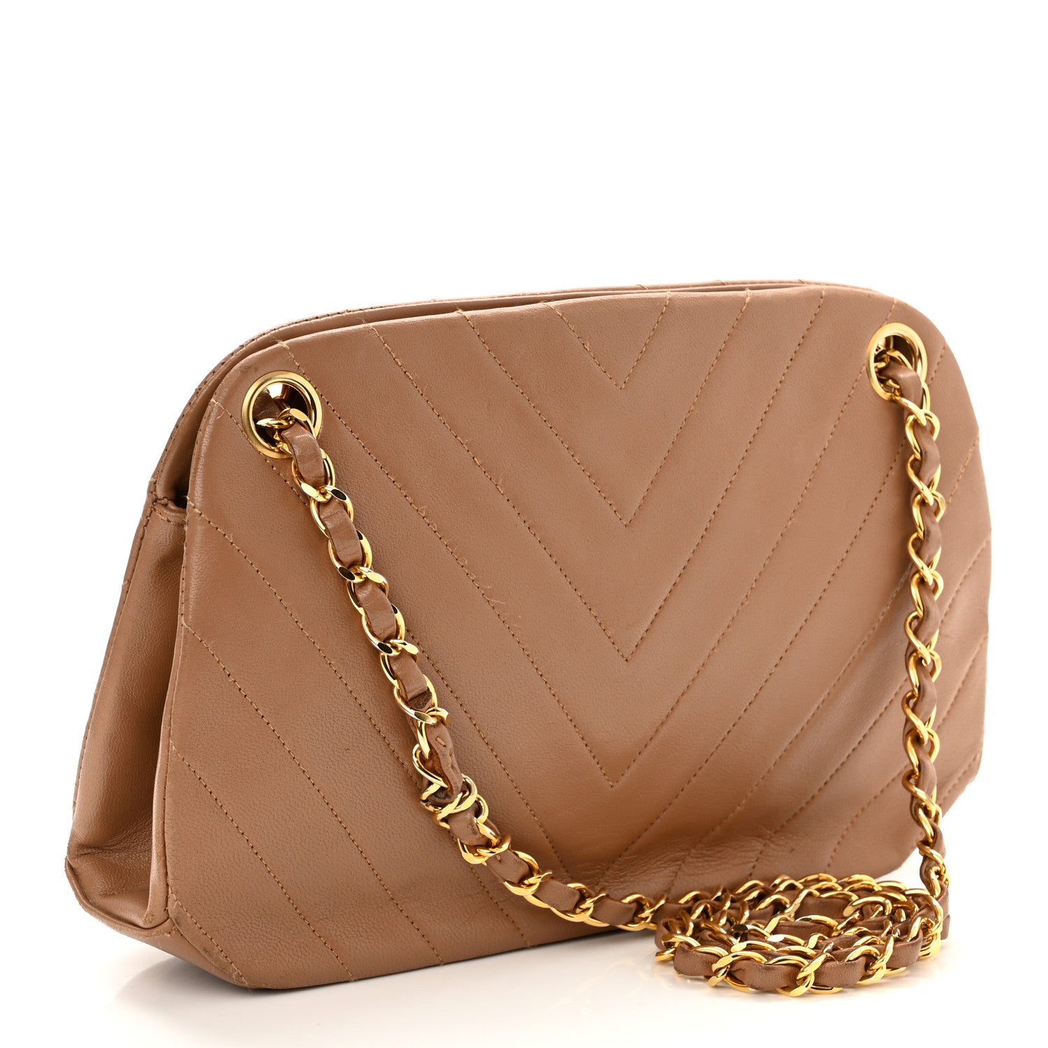 Chanel Lambskin Chevron Quilted Kiss Lock Shoulder Bag Beige 3 of 12