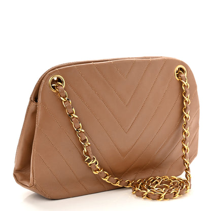 Chanel Lambskin Chevron Quilted Kiss Lock Shoulder Bag Beige 3 of 12
