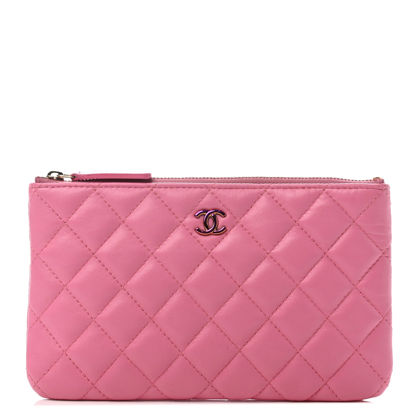 Lambskin Quilted Zipped Pouch Pink Yellow