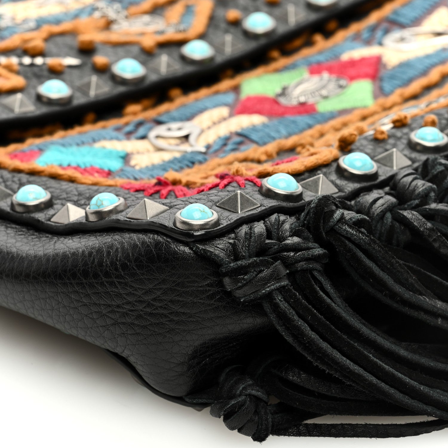 Valentino Garavani Pebbled Calfskin Embroidered Rockstud Rolling Fringe Messenger Black 8 of 10