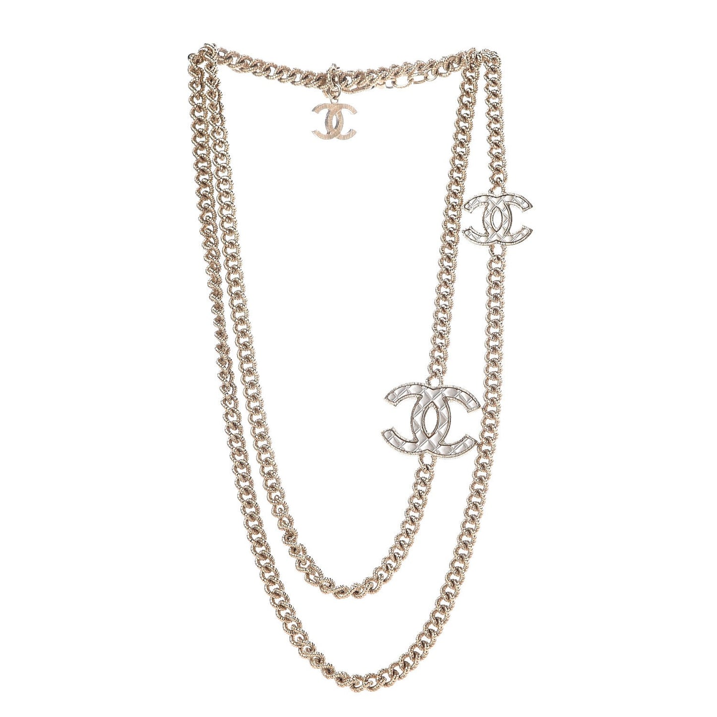 Quilted CC Long Chain Necklace Gold Pearly White
