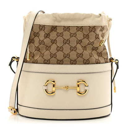Gucci Monogram Textured Calfskin Horsebit 1955 Drawstring Bucket Bag Beige Mystic White 1 of 10